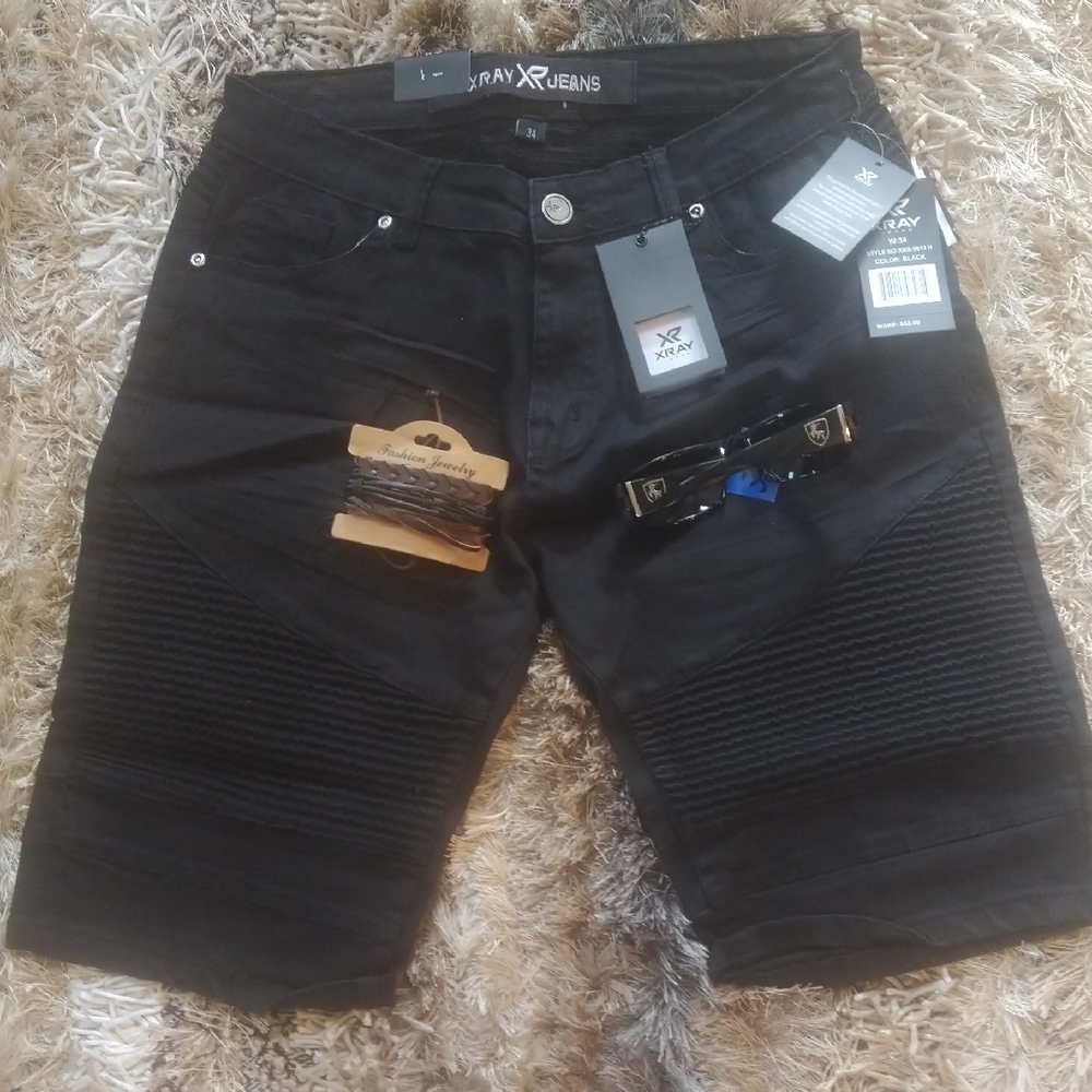 X-Ray Black Men's 98% Cotton 2% Spandex Moto Shorts Sizes 32 And 34 Plus Bonuses
